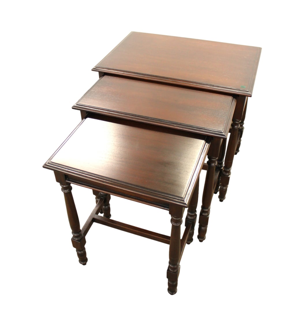 NEW Nathan nesting tables by Alden Parkes Inspired Designs with 18th Century finish mahogany: NEW Nathan nesting tables by Alden Parkes Inspired Designs with 18th Century finish mahogany, new out of box, structurally sound. 3 tables in this lot. Largest measures 26"w x 18"d x 25"h, smallest me