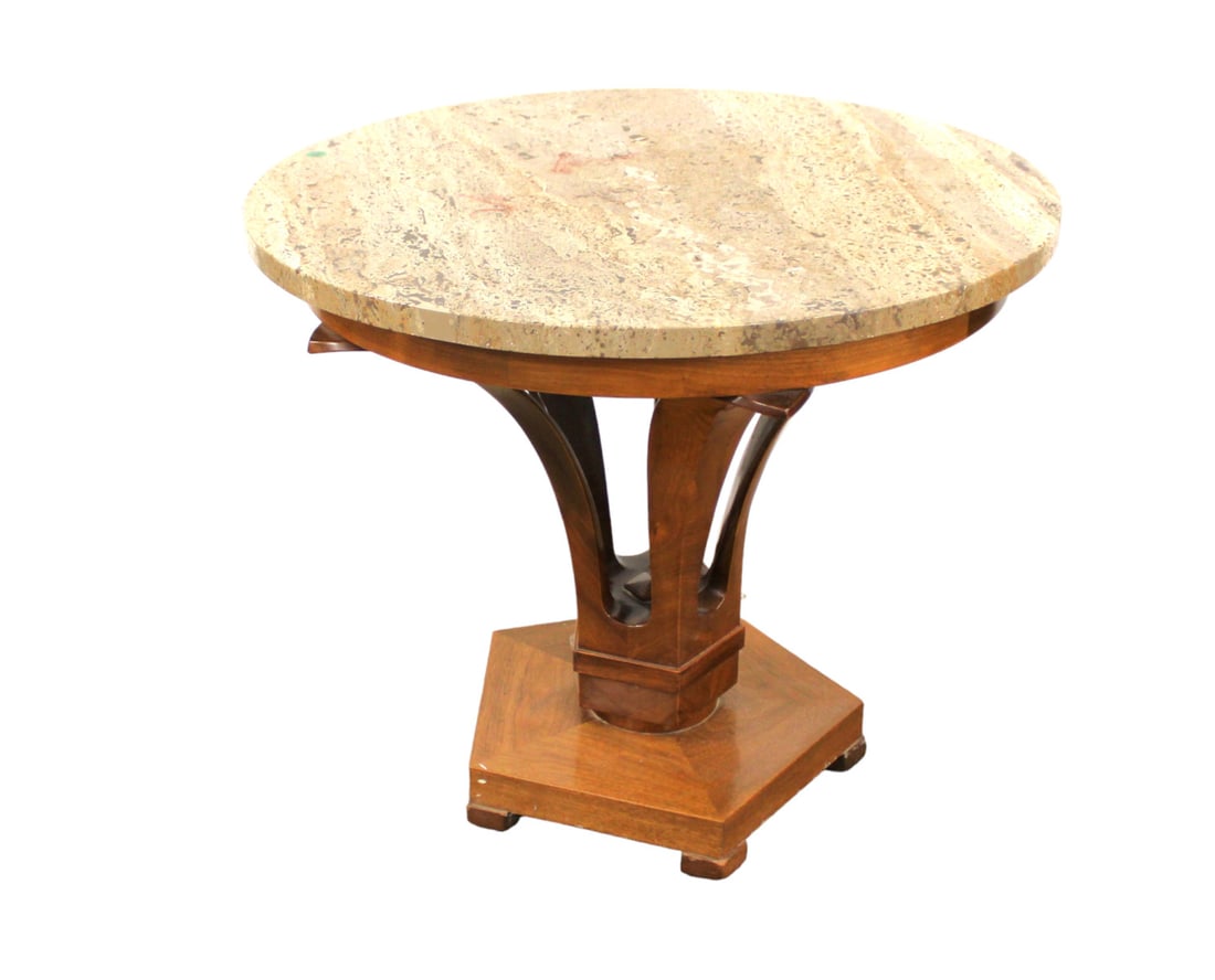 Dunbar mid century walnut base round table with travertine style stone top (1 of 5)