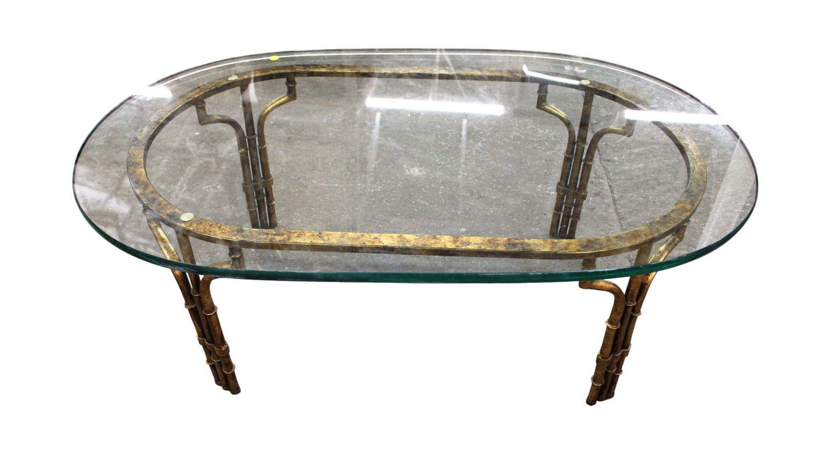 Vintage iron base coffee table with bamboo style legs and glass top (1 of 3)