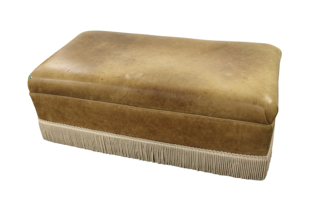 Large leather ottoman with decorative fringe in fawn colored leather (1 of 3)