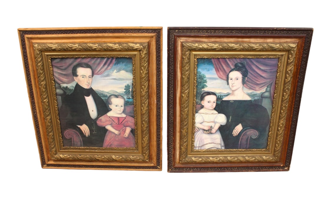 Pair of Antique oak carved frames with family portrait oil on canvas, 26 1/2" w x 31" w (inside 16" (1 of 3)