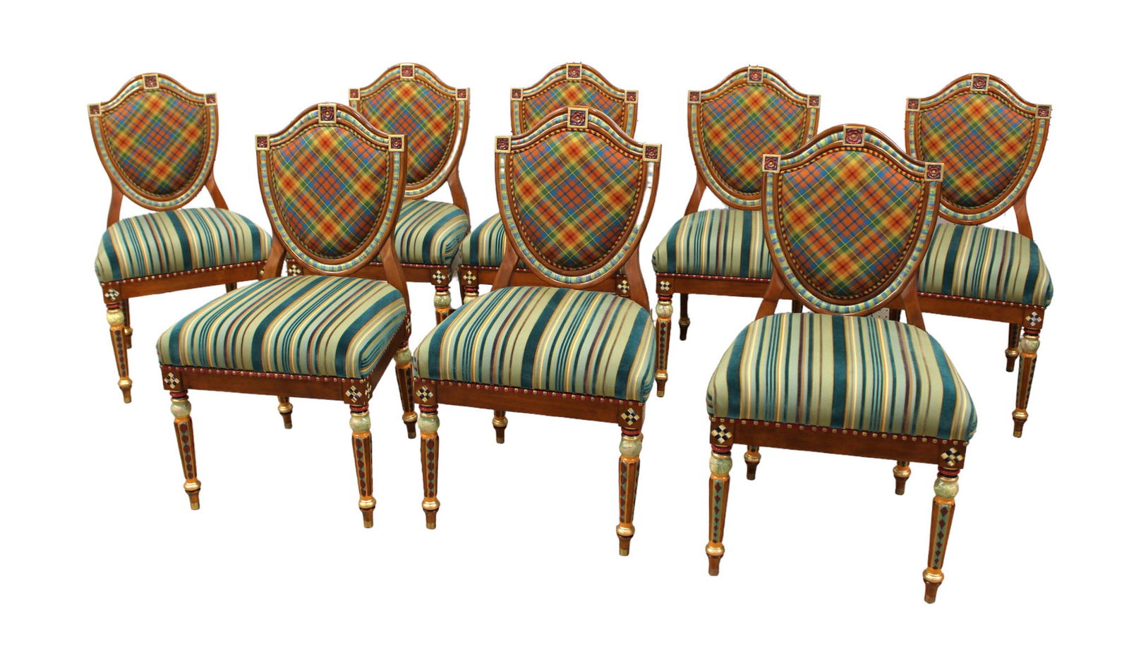 Set of 8 Mackenzie-Childs upholstered & hand decorated shield back dining chairs beautiful condition (1 of 11)