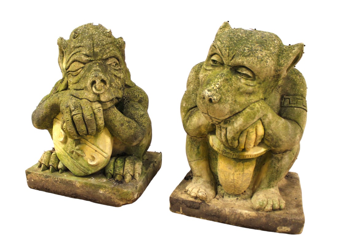 Pair of antique concrete gargoyles: Pair of antique concrete gargoyles out of estate may need cleaned. One is signed. Structurally sound in good condition for age. Each 13"w x 15"d x 19"h