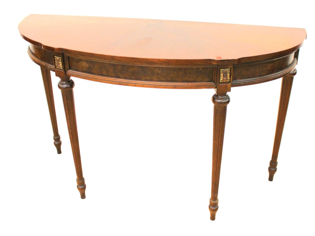 Burl walnut demilune console table (1 of 6)