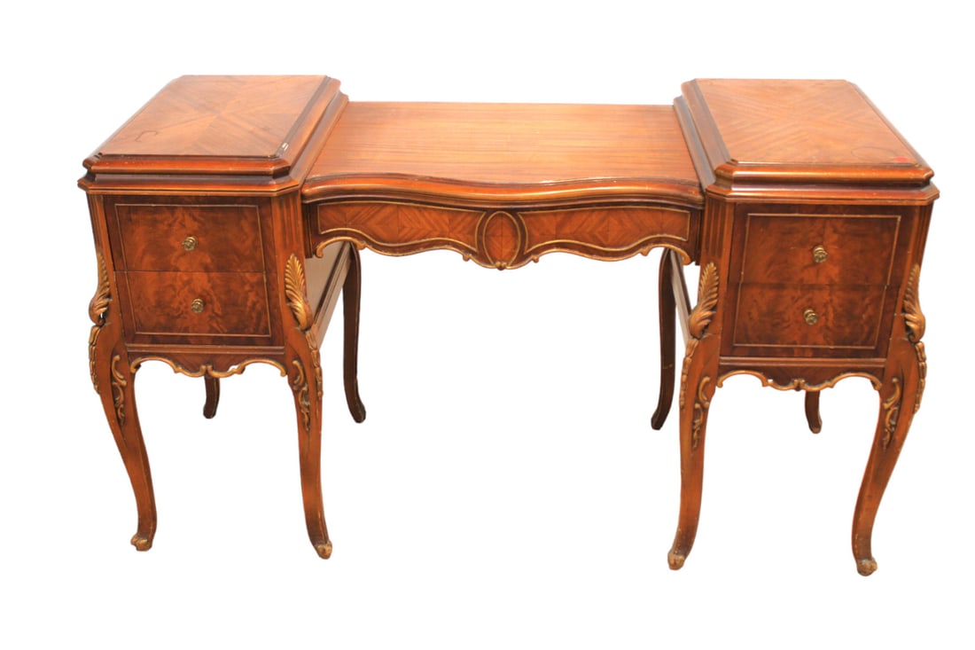 Antique French style satinwood knee hole vanity: Antique French style satinwood knee hole vanity with carved legs, structurally sound, in good condition, top has some surface wear. 52"w x 20"d x 30"h