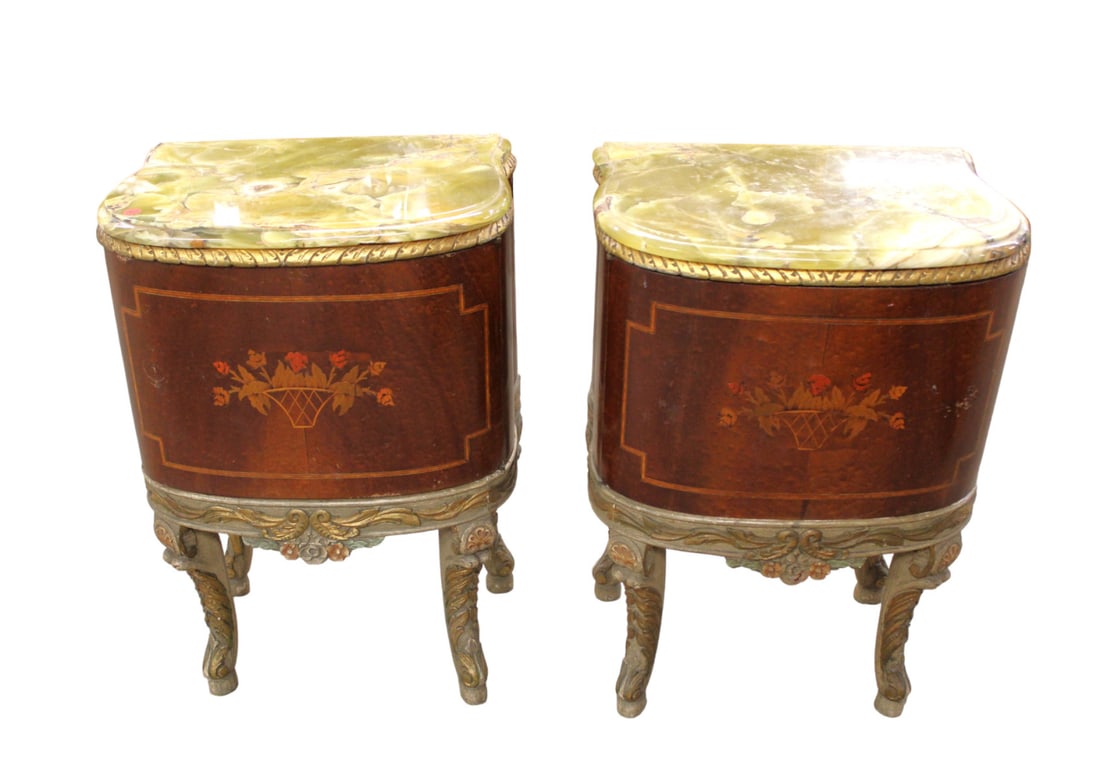 MATCH pair antique nightstands French inlaid exotic onyx top: Right and Left match pair antique French inlaid exotic onyx top painted framed and carved nightstands, structurally sound and in good condition for age. 18"w x 13"d x 26"h each
