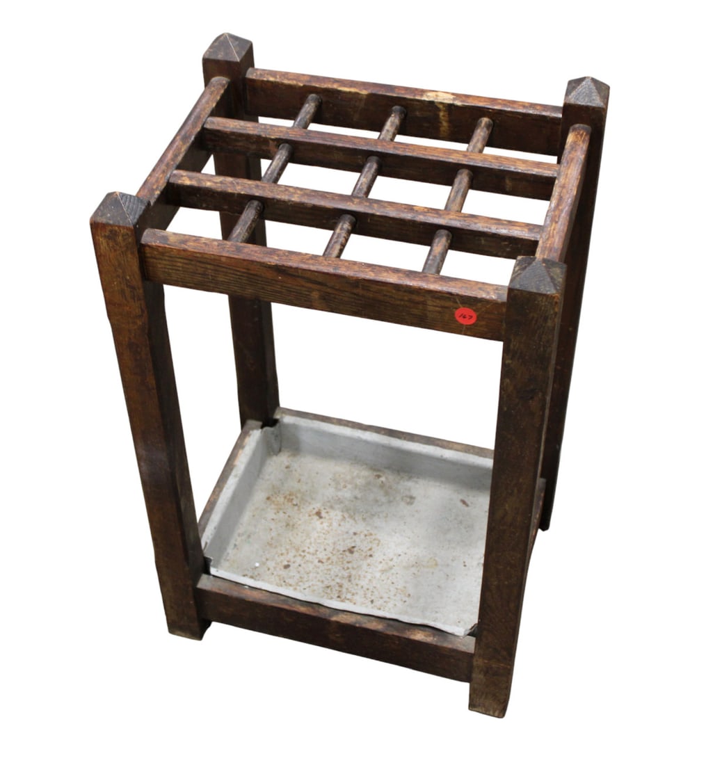 Antique mission oak umbrella stand with drip pan (1 of 3)
