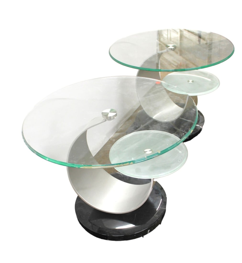 Pair ultra modern glass, marble, bent steel side tables (1 of 4)