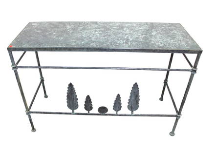 Iron, faux marble decorator console attr. Niermann Weeks: Quality iron with faux marble top decorator console contributed to Niermann Weeks structurally sound and in good condition, no noticeable issues seen. 48"w x 18"d x 32"h