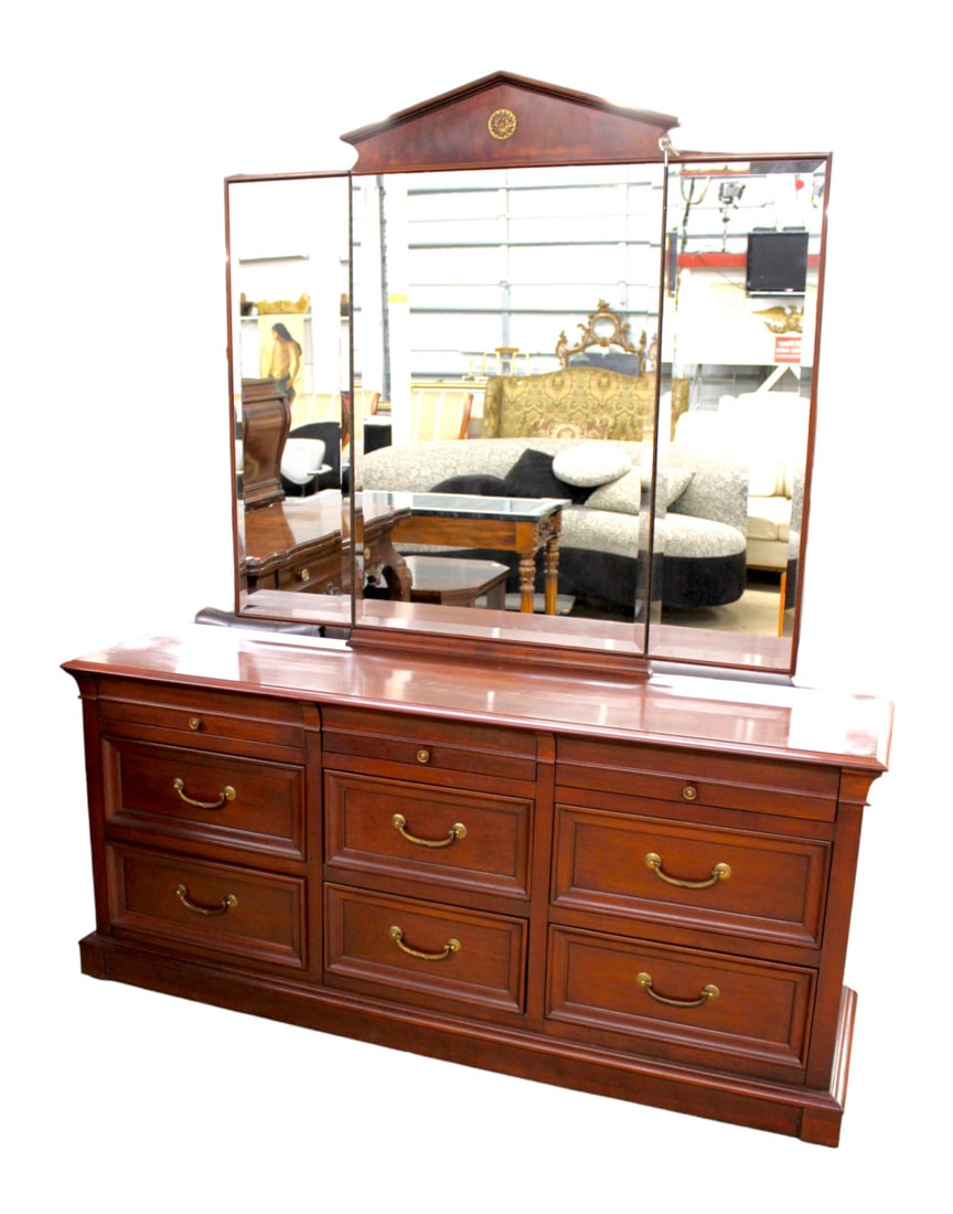 Ethan Allen solid black walnut dresser and beveled mirror (1 of 9)