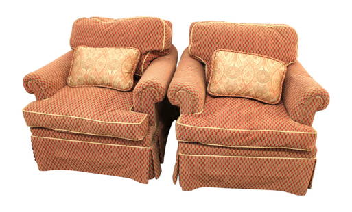 Pair of quality Lewis Mittman upholstered arm chairs: Pair of quality Lewis Mittman upholstered arm chairs with down cushions and decorative pillows. Structurally sound and in good condition. No noticeable issues. Each 33"w x 38"d x 32"h with seat