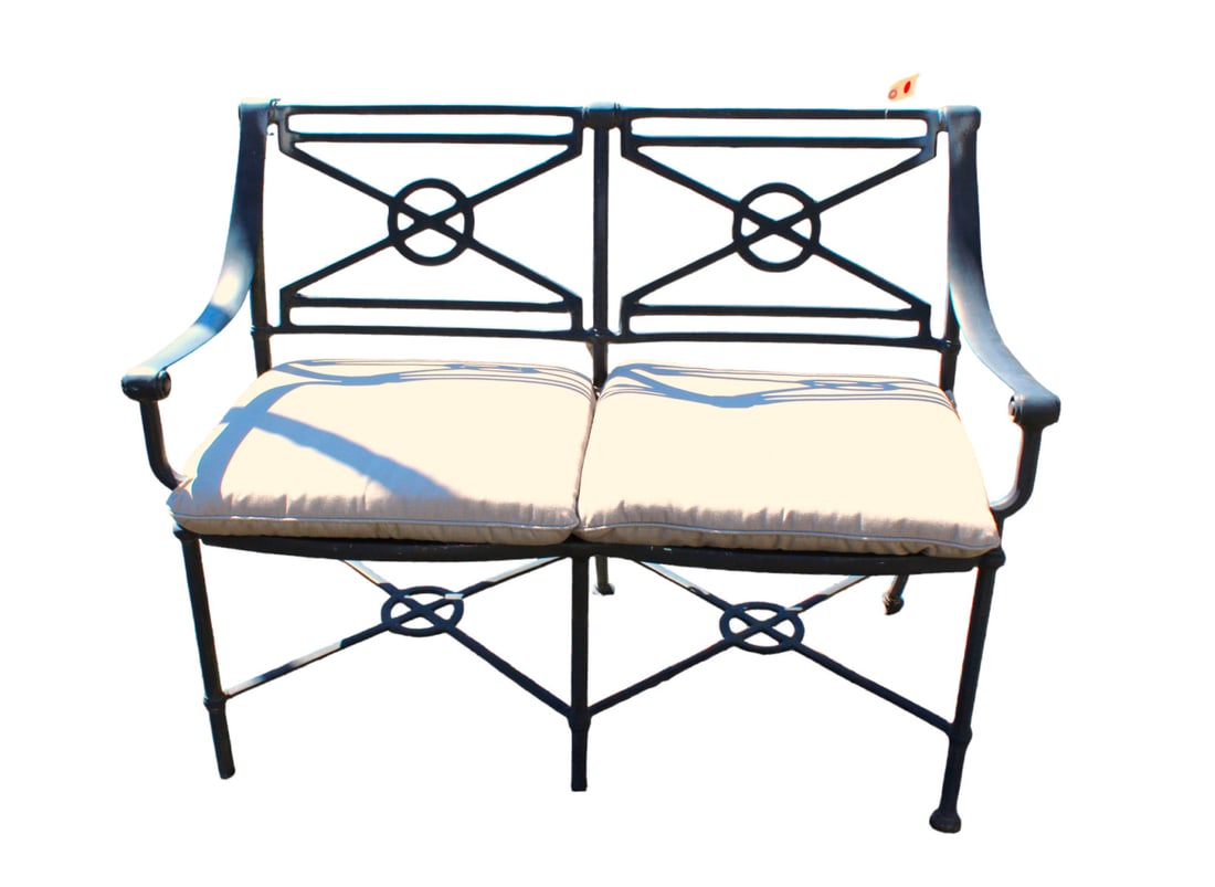 Quality 2 person bench with Sunbrella cushions: Quality cast aluminum 2 person bench with Sunbrella cushions. Cushions are good. Structurally sound and in good condition. No noticeable issues seen. 41"w x 20"d x 32"h and seat height of 20"