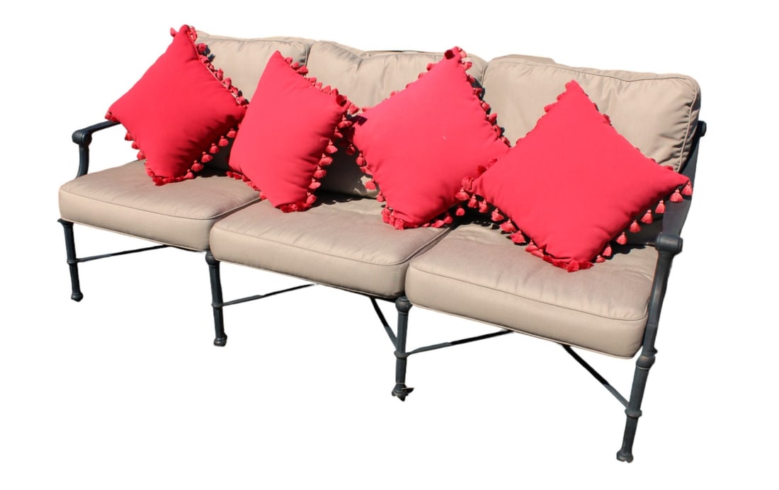 Quality cast aluminum 3 cushion sofa with Sunbrella cushions and pottery barn throw pillows (1 of 9)