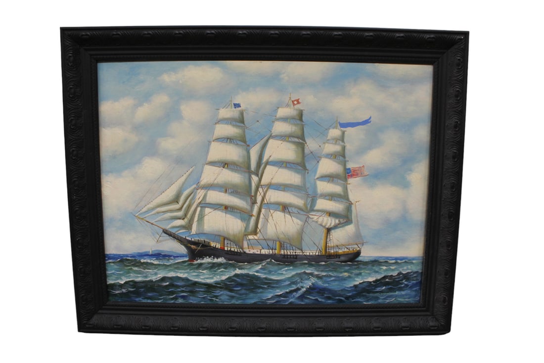 Vintage framed oil on canvas of clipper ship: Vintage framed oil on canvas of clipper ship. 29"w x 23"h