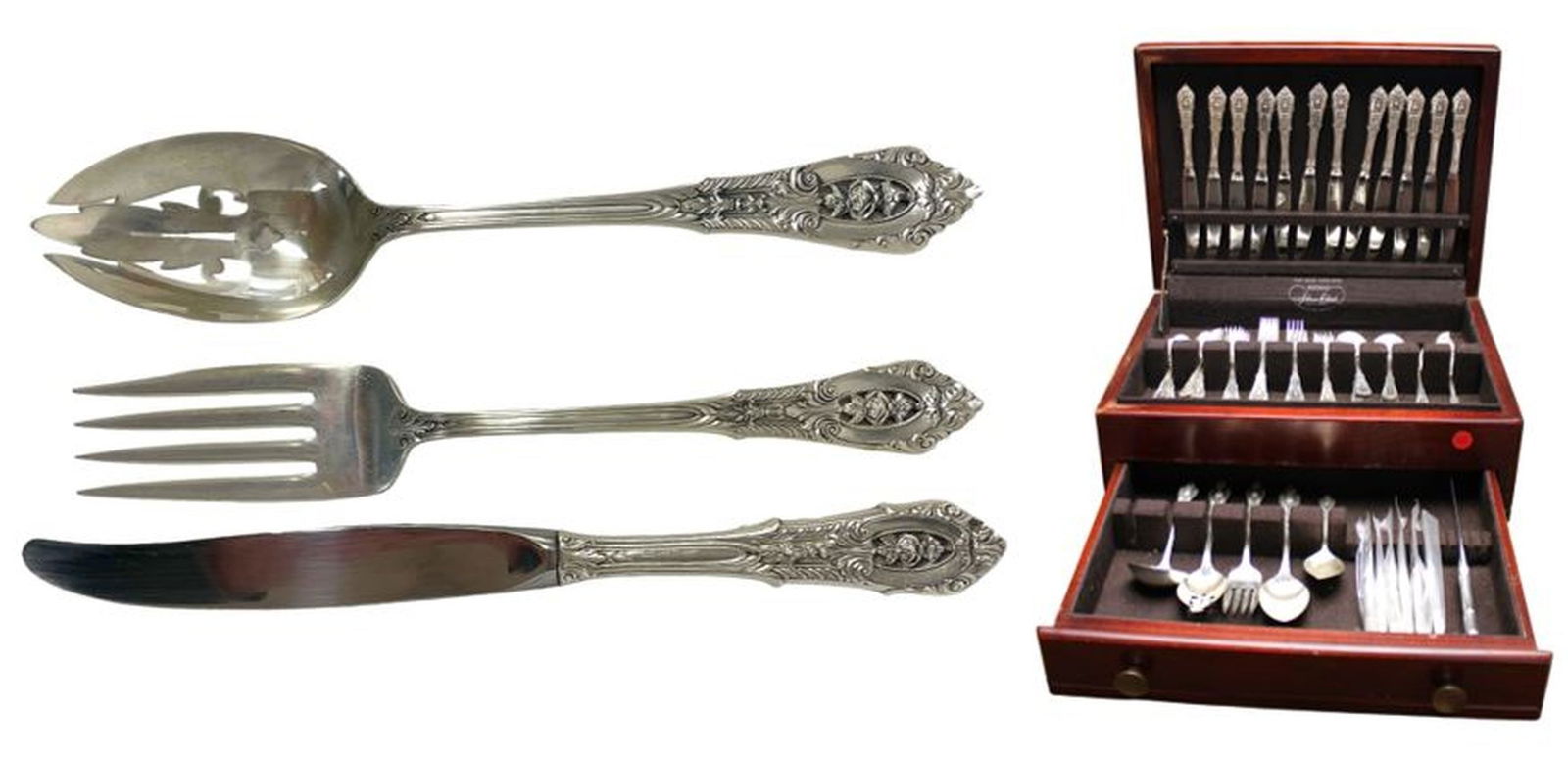 Gorgeous sterling Rose Point pattern 79 piece Wallace sterling flatware set.  Service for 8+ plus (1 of 5)