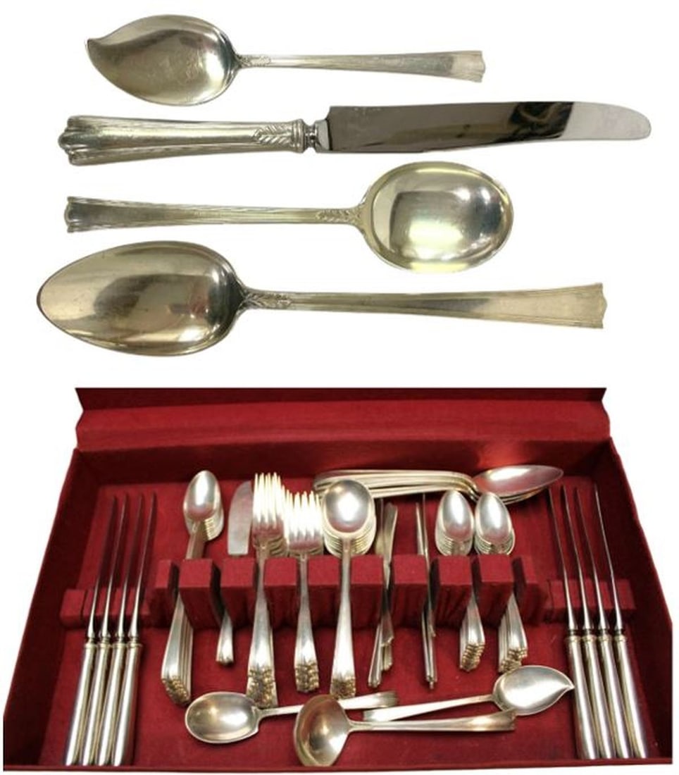 78pc. Antique Neoclassic style sterling silver flatware, Treasure Pattern, ca.1921, service for 8+ (1 of 4)