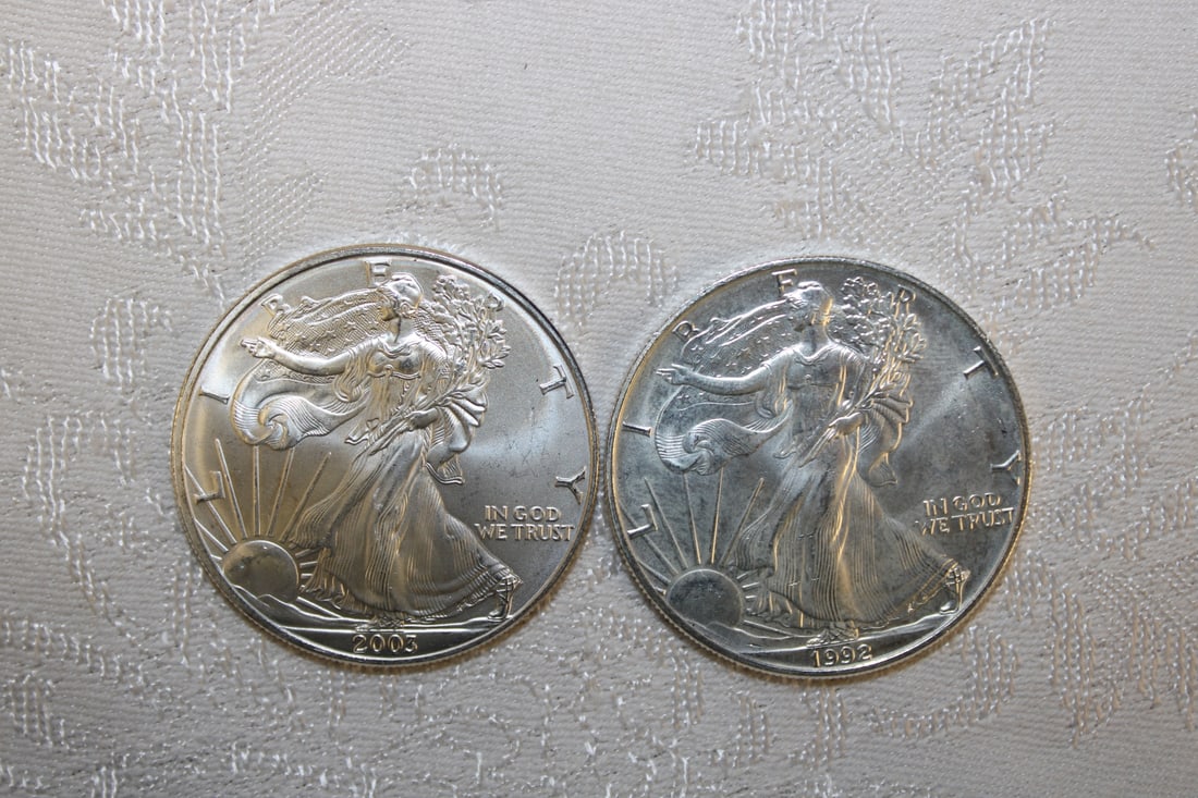 2 US uncirculated silver eagles $1 dollars, 1992 2003 (1 of 2)