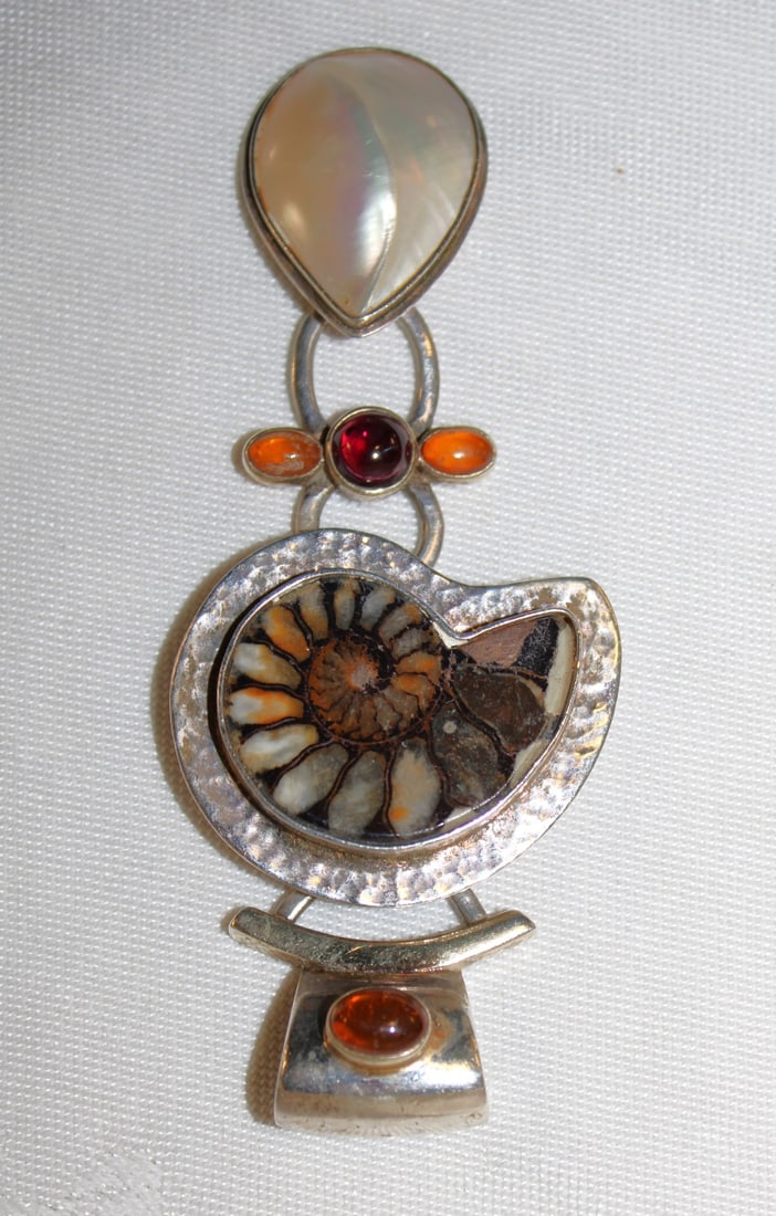 Sterling silver fossilized ammonite amber rhodolite garnet MOP pendant (1 of 3)