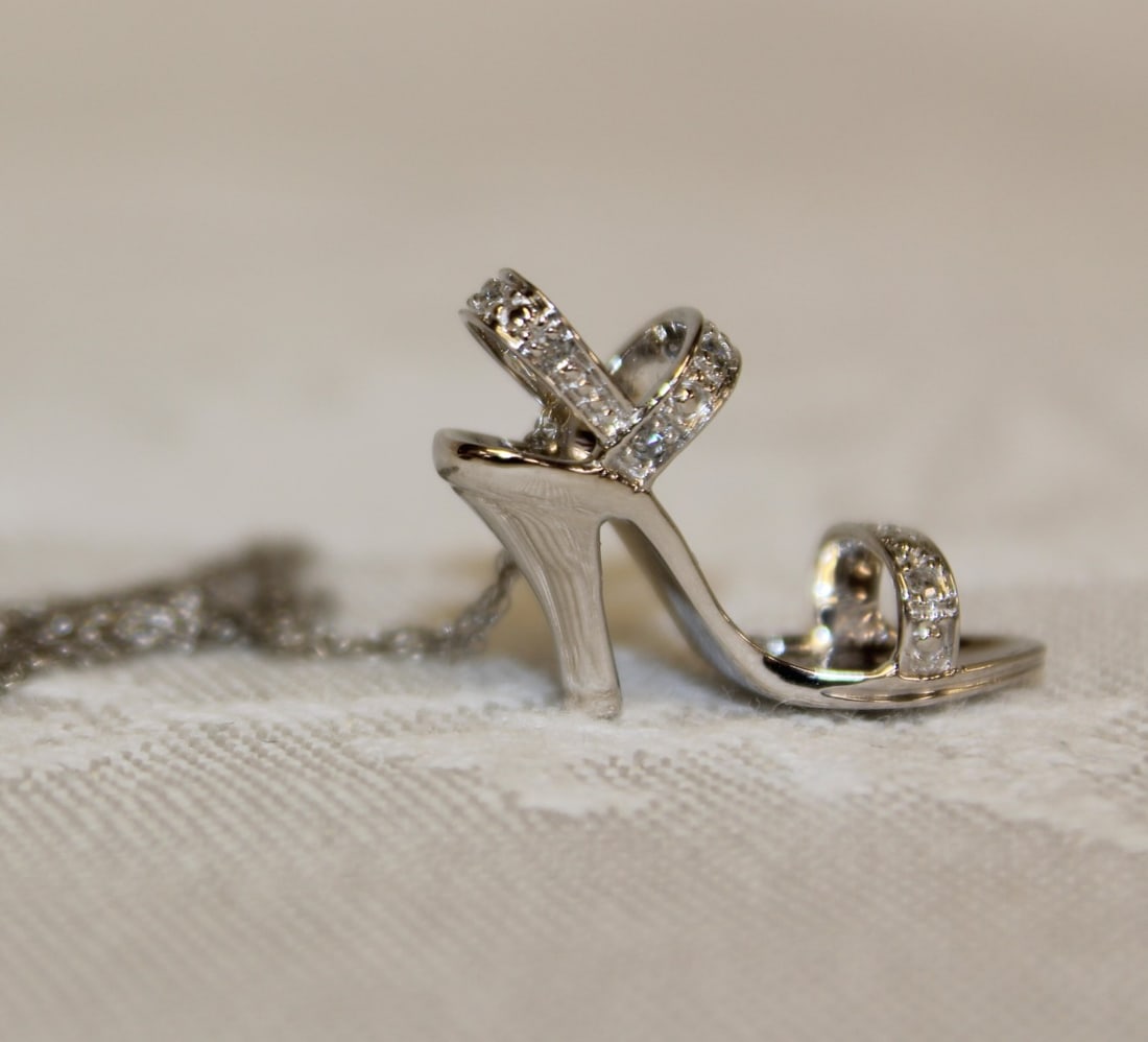 10kt gold & diamond high heal shoe pendant: 10kt white gold with natural diamond accents high heal shoe pendant necklace on chain