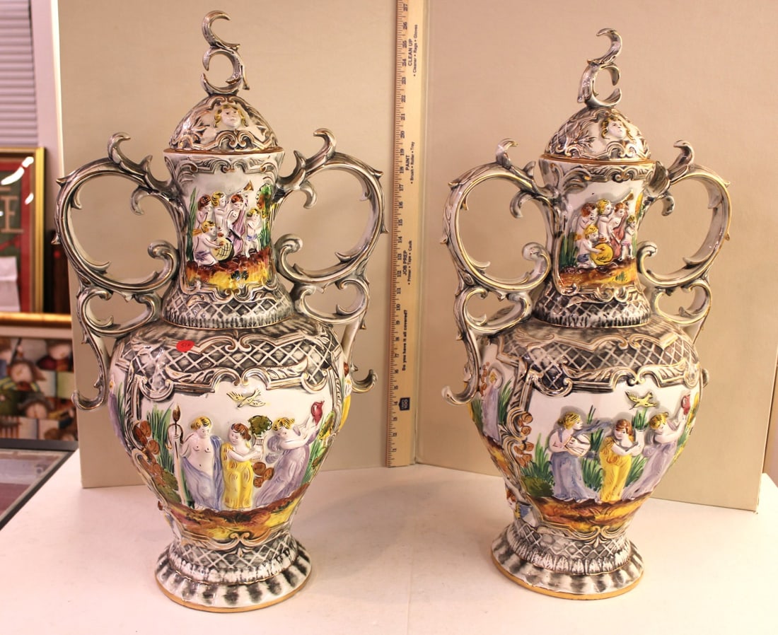 Large pair of double handled covered urns, Pereiras Valado (1 of 9)