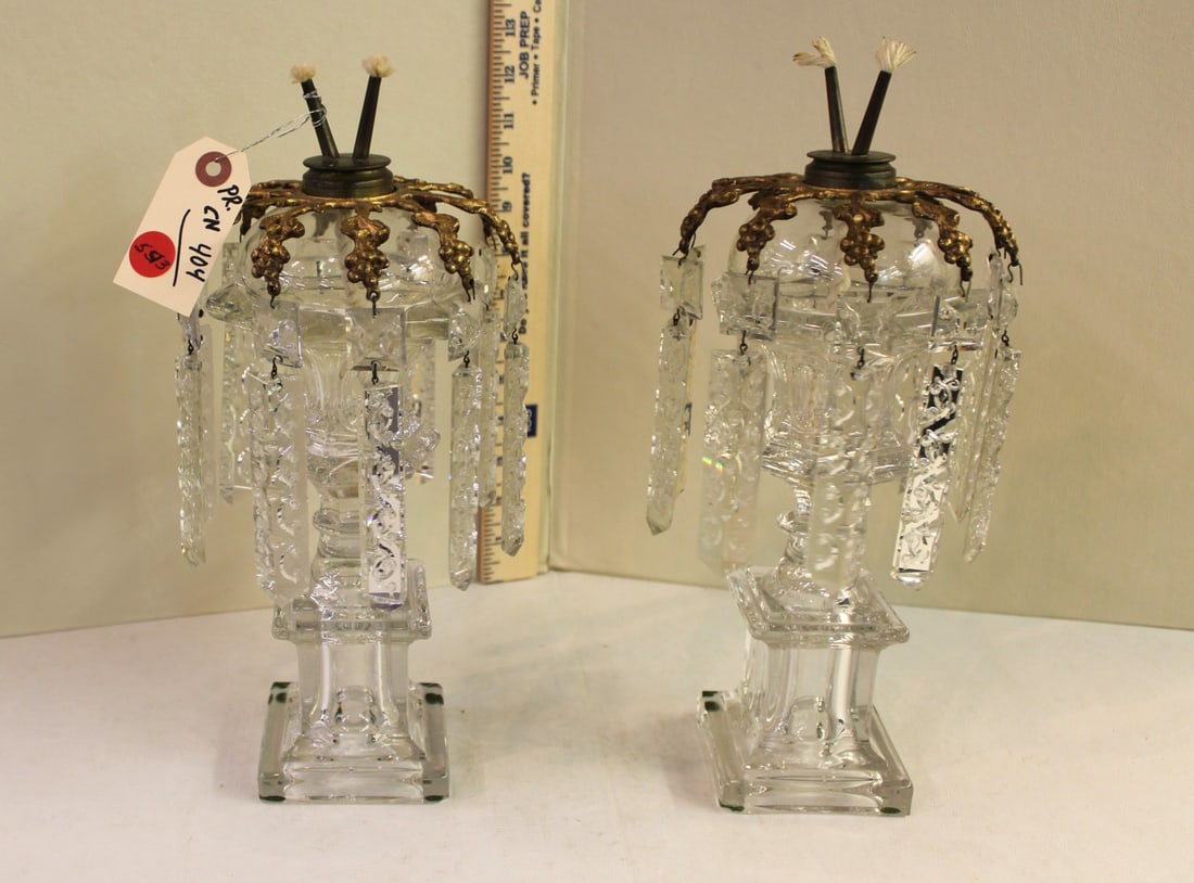 Pair of antique crystal oil lamps. Rare model: Pair of antique crystal oil lamps. Rare model. No noticeable issues seen. 6" diameter x 13"h