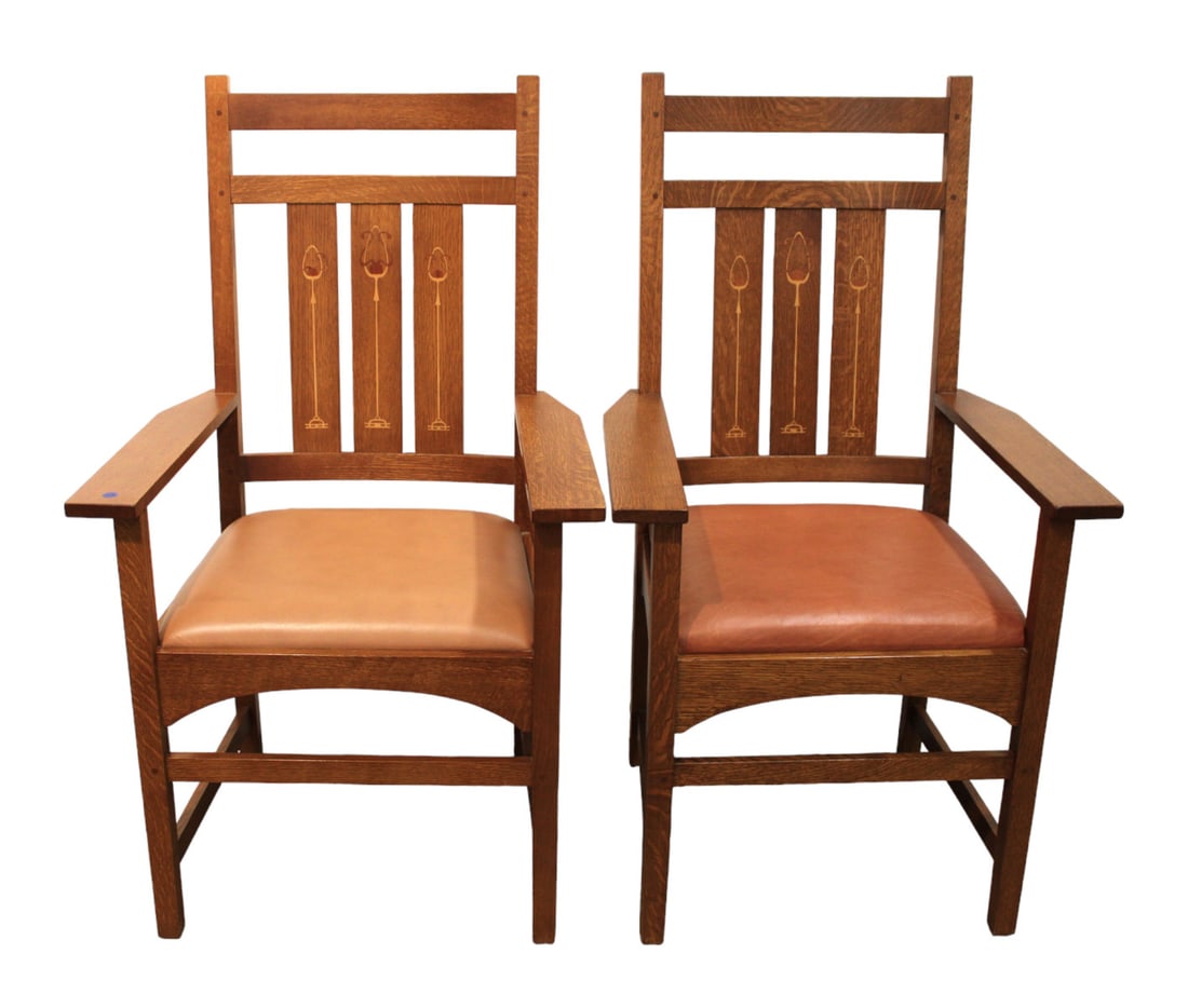 Pair of Stickley Harvey Ellis mission oak arm chairs (1 of 13)