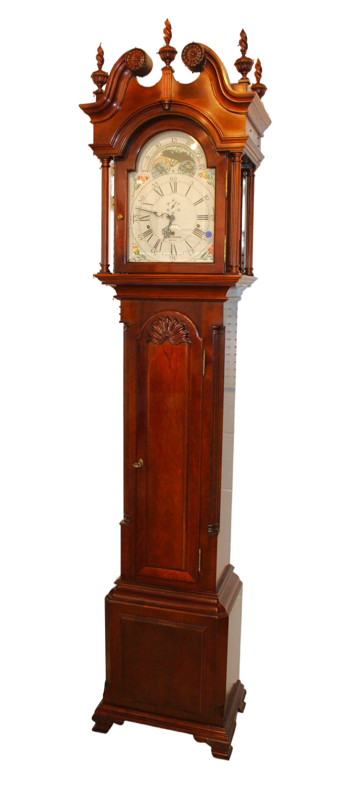 Sligh John Goddard Newport tall case grandfather clock: Nice Sligh John Goddard Newport grandfather clock in solid cherry case. Beautiful original finish and original removeable finials. Beveled glass, weights, pendulum and key. Was working in home. Struct