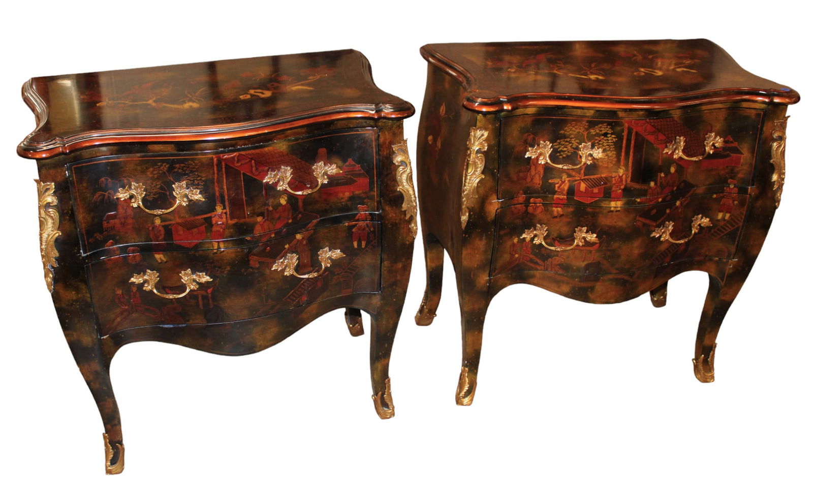 Fantastic pair of Maitland Smith Commodes: Fantastic pair of Maitland Smith serpentine two drawer Asian inspired decorator commodes with applied bronze. Structurally sound and in good condition, no noticeable issues seen. Each measures: