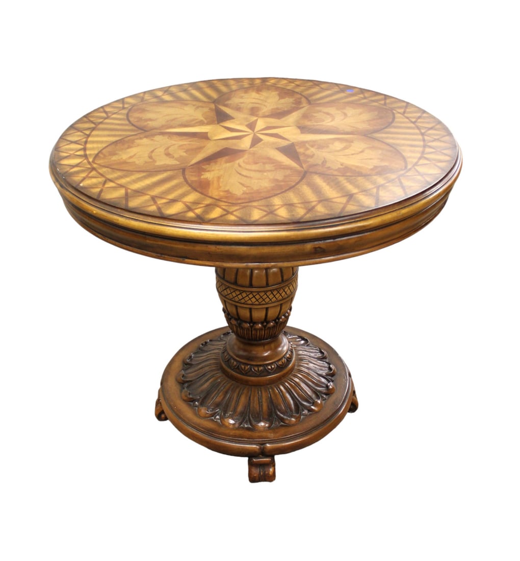 Highly ornate inlaid 33" round center table with fancy carved base in mahogany, walnut and rosewood (1 of 6)
