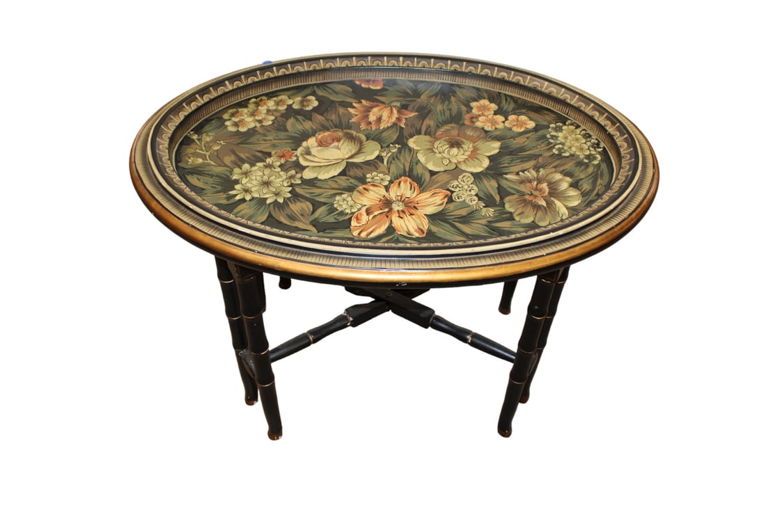 Paint decorated 2 part oval serving tray on stand (1 of 4)