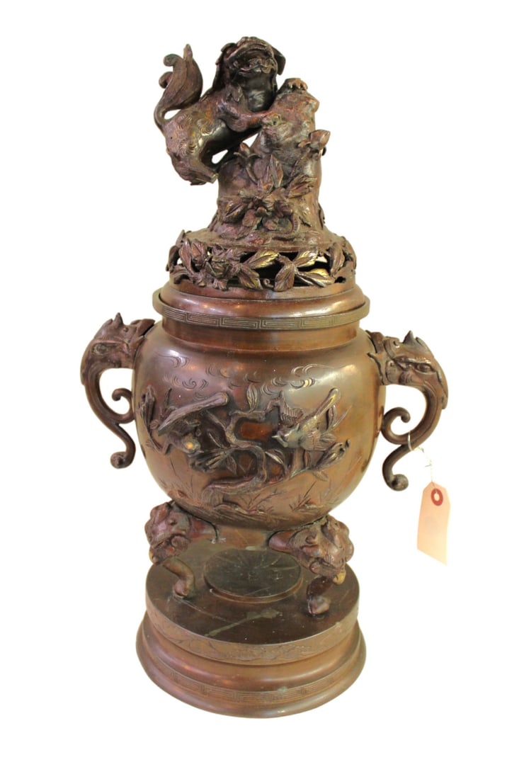 Asian bronze lidded double handled urn (1 of 5)