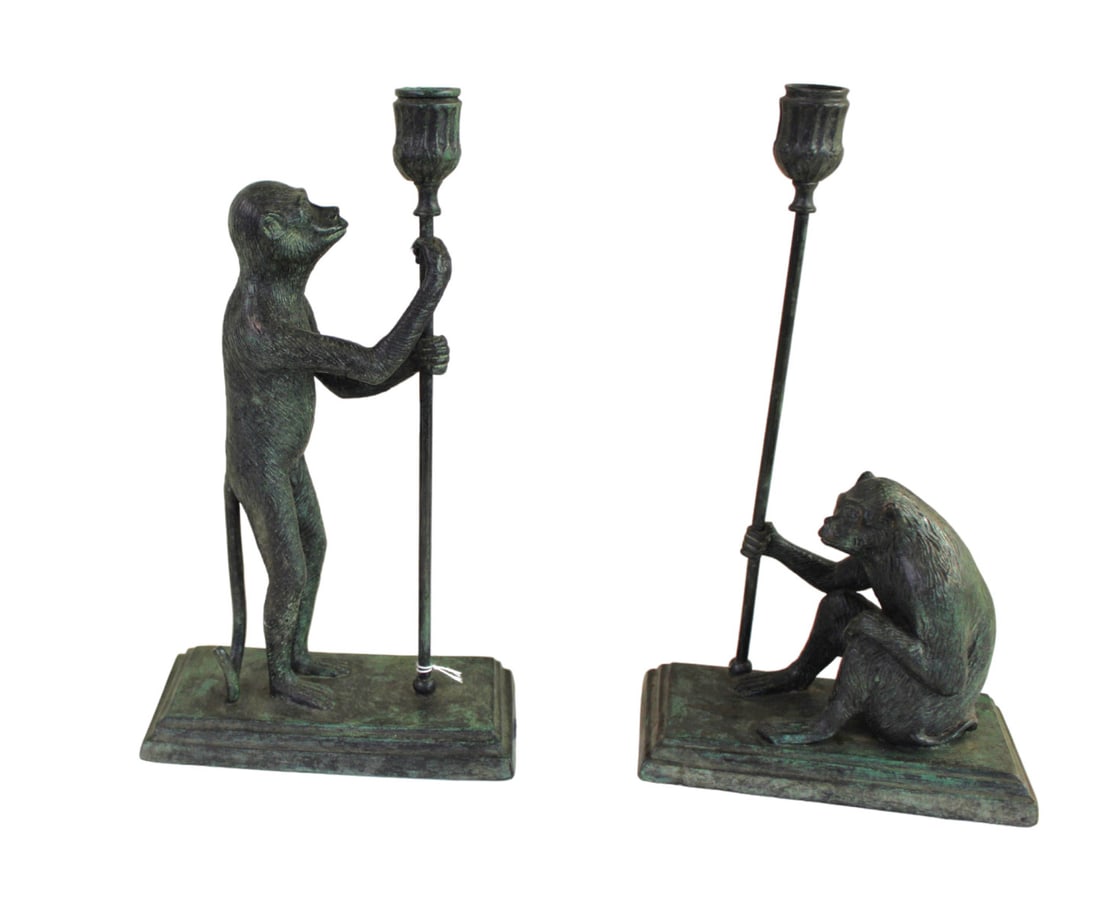Pair of Maitland Smith bronze monkey candle holders (1 of 5)