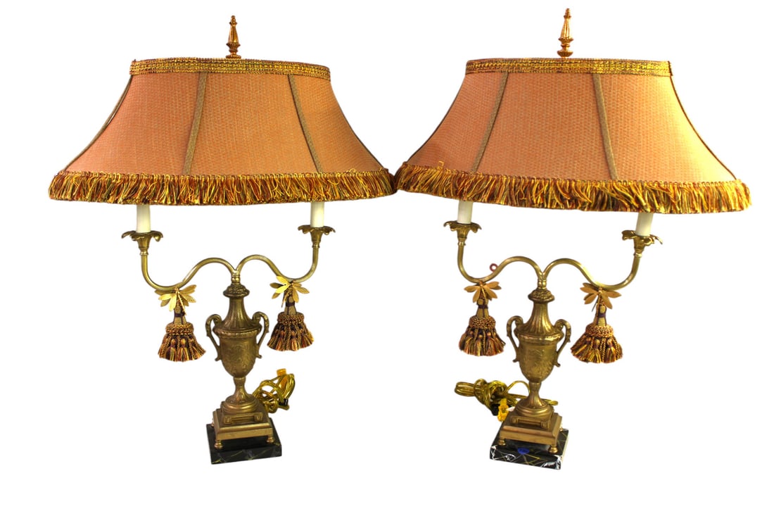 Fantastic pair of Frederic Cooper bronze & marble double burner lamps and shades. (1 of 6)