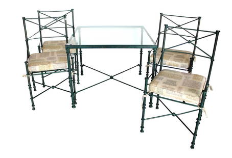 5pc metal and glass breakfast set manner Niermann Weeks: Nice 5 piece metal and glass breakfast set in the manner of Niemann Weeks. Remove-able cushions. Structurally sound. No noticeable issues seen. Glass is good. Table 29.5"h x 36"x 36. Chairs 37.5"h x 2