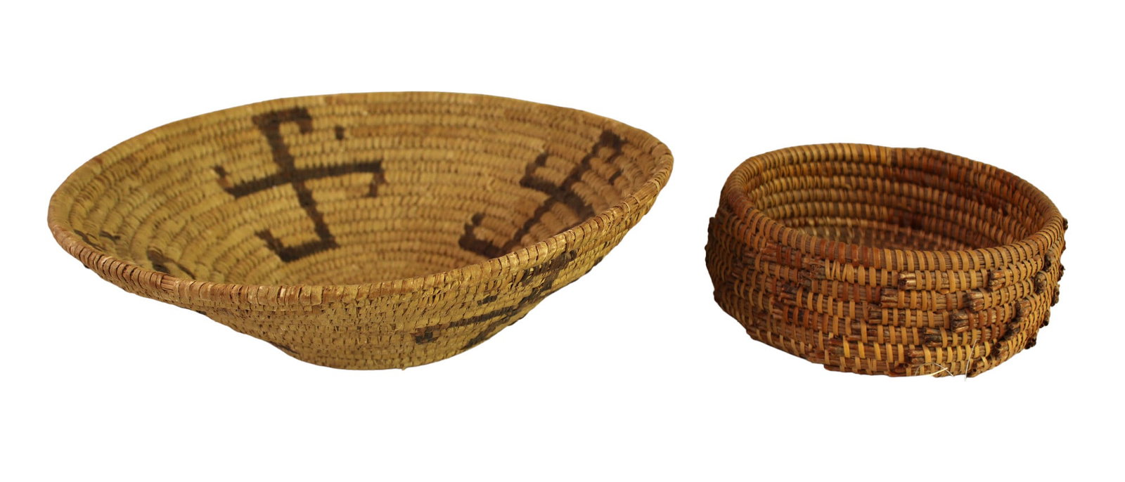 2 primitive hand woven baskets. 12" diameter x 4"h. 7" diameter x 3"h (1 of 4)