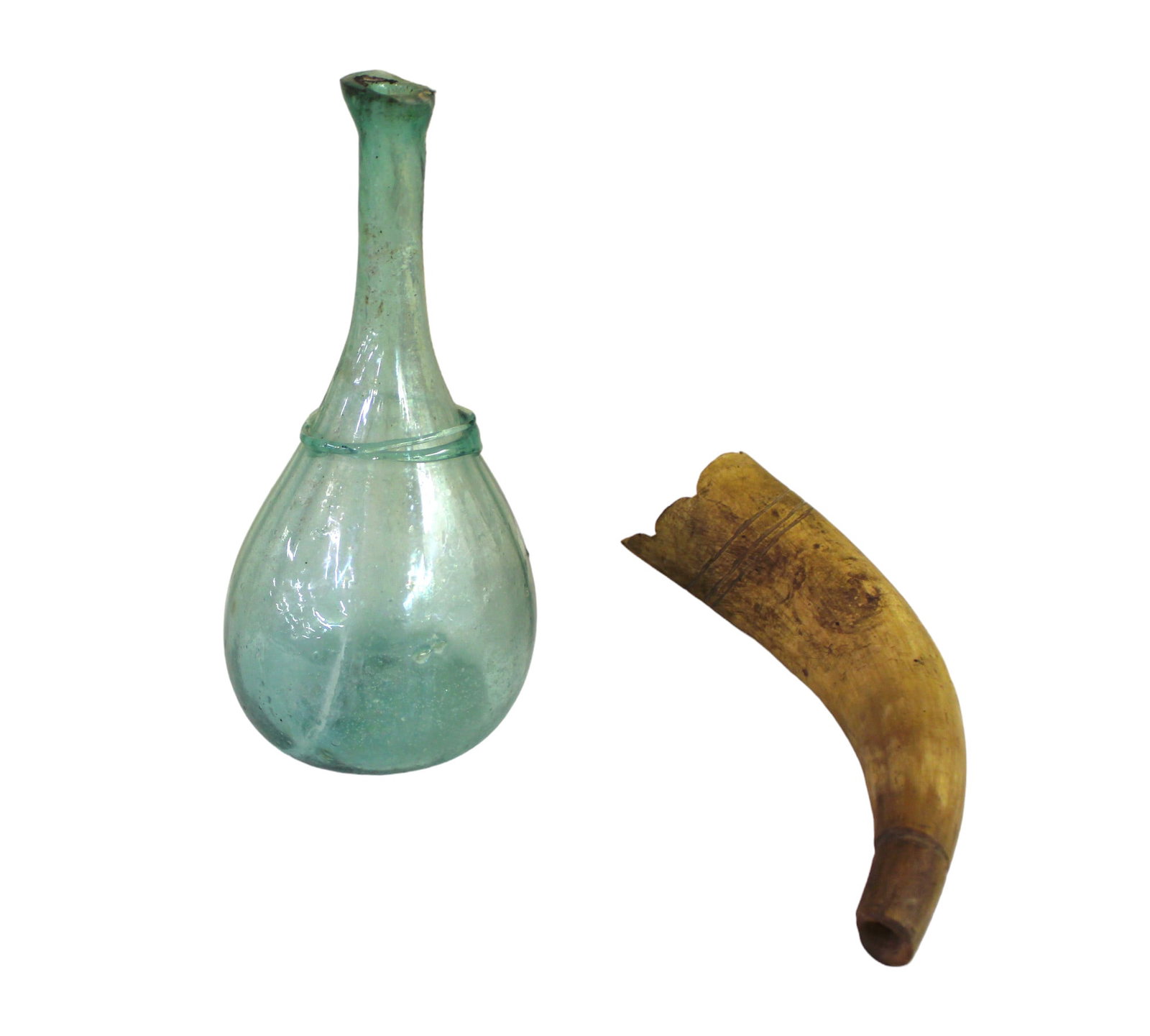 Powder horn 9" and hand blown bottle 9". (1 of 3)