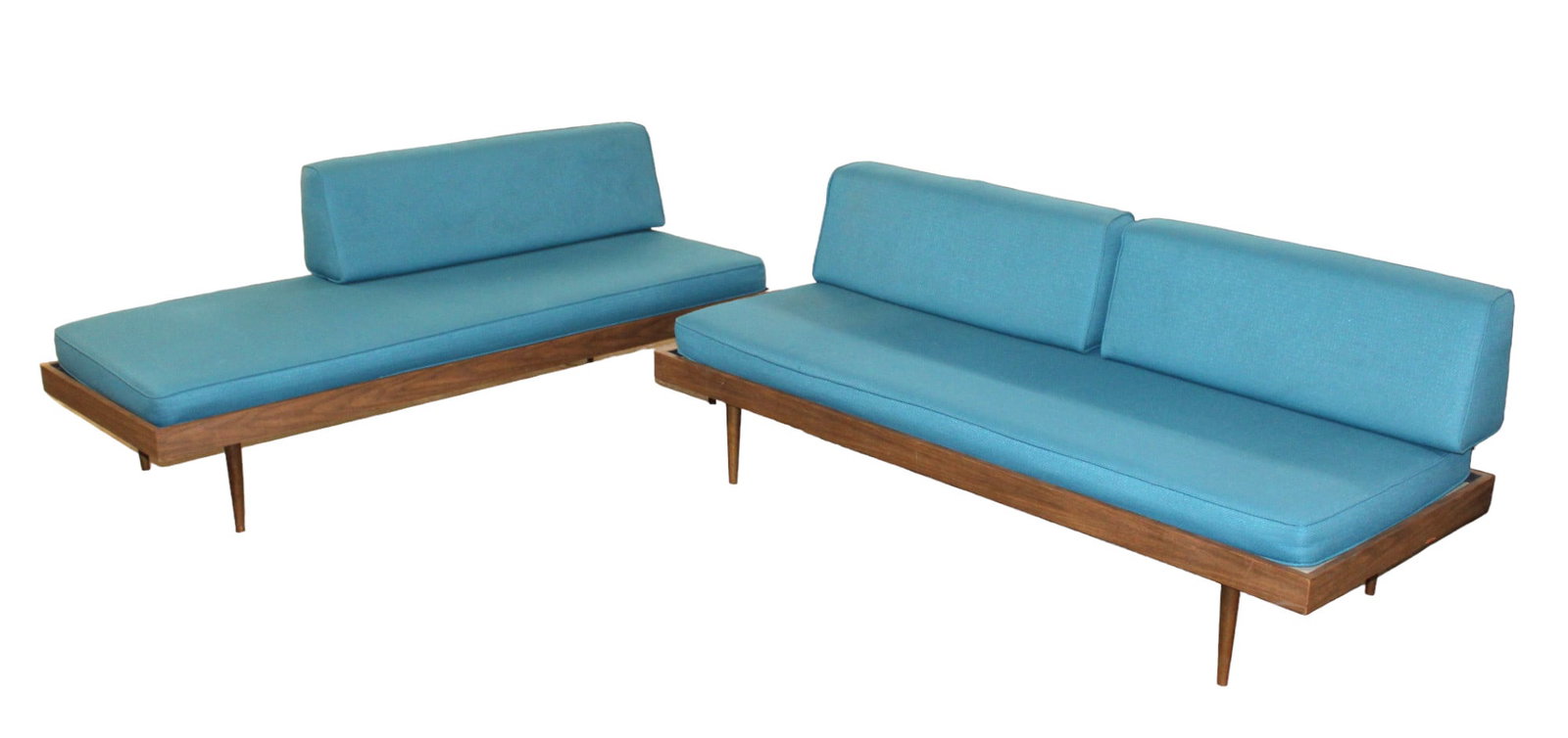 Pair MCM style laminated walnut sofas with original upholstery (1 of 7)