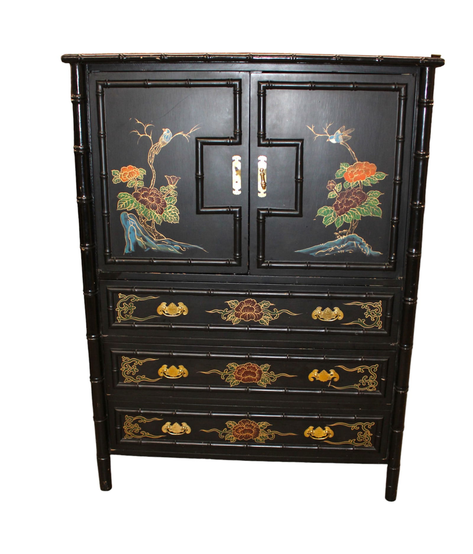 Asian decorated 2 door 3 drawer chest (1 of 8)