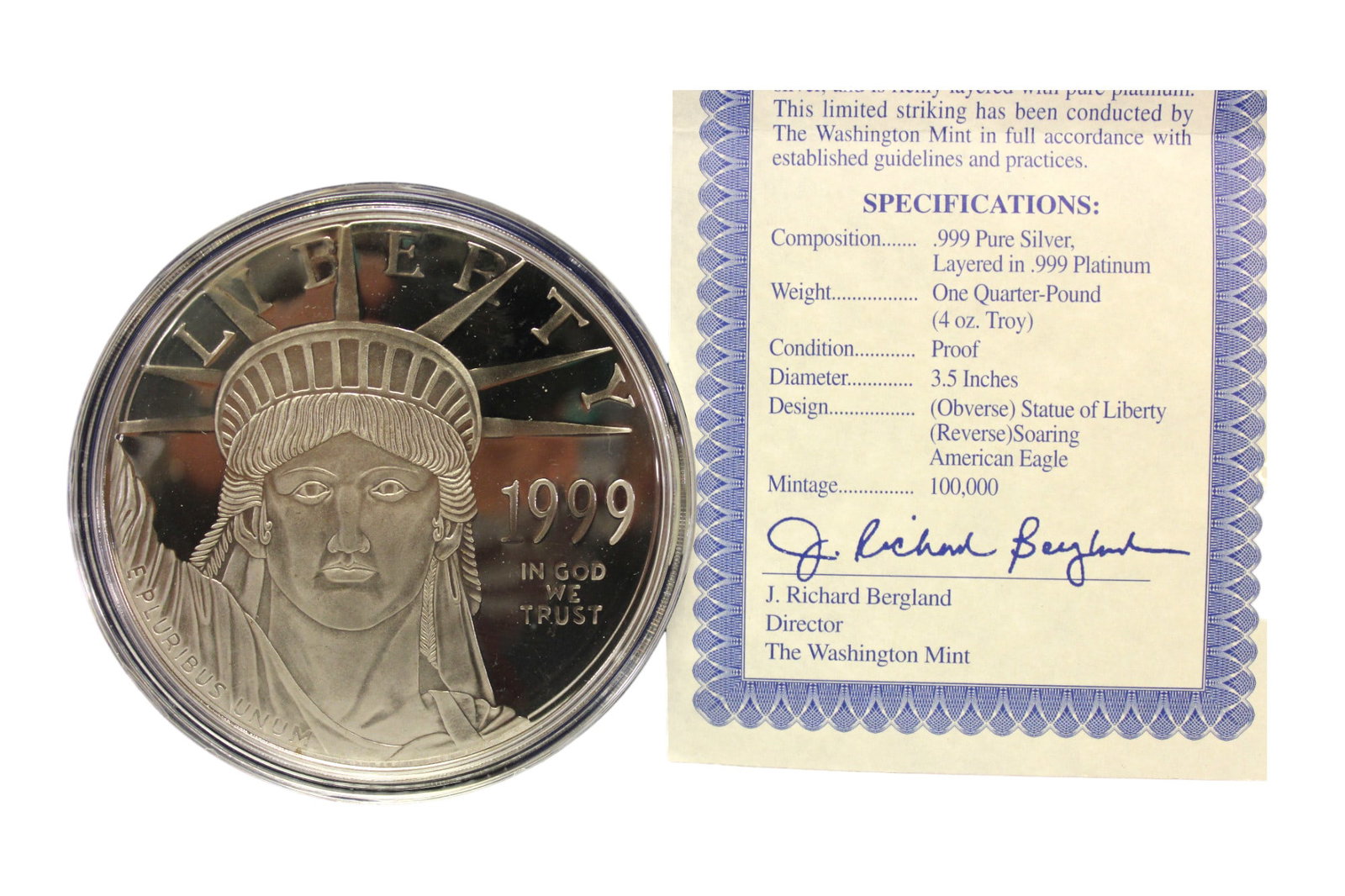 $100 platinum eagle giant quarter pound proof coin w/COA (1 of 5)
