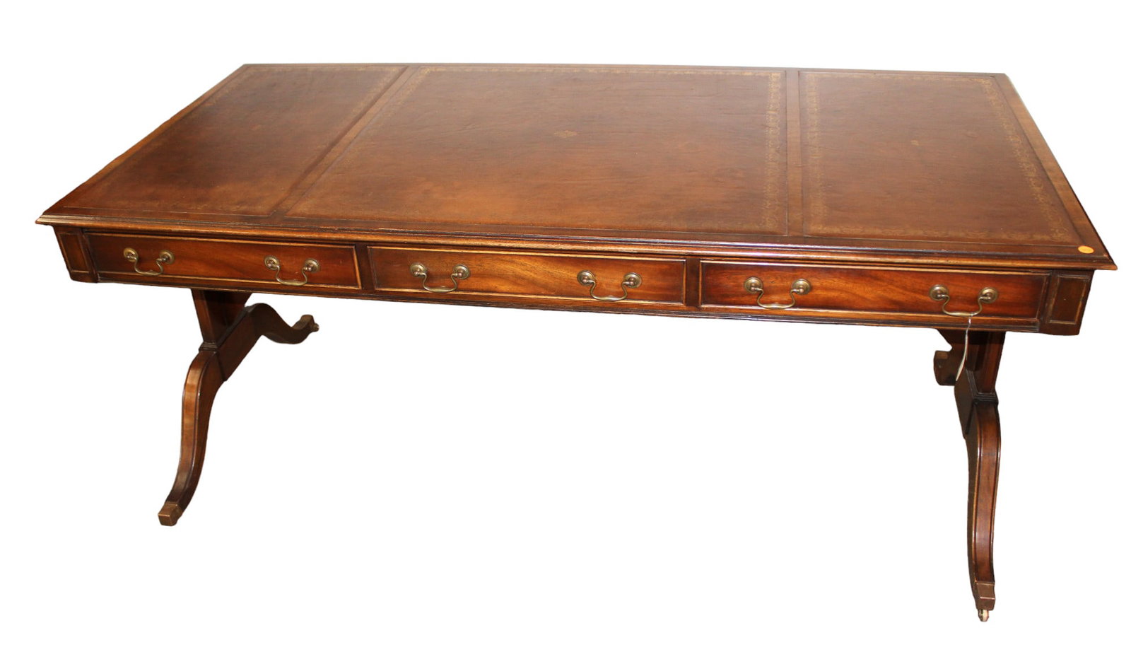 Vintage Reprodux Duncan Phyfe writing desk: Vintage Reprodux burl mahogany leather top 3 drawer duncan Phyfe style writing desk with one leg repair but structurally sound and in good condition. 30"h x 67"l x 32"w
