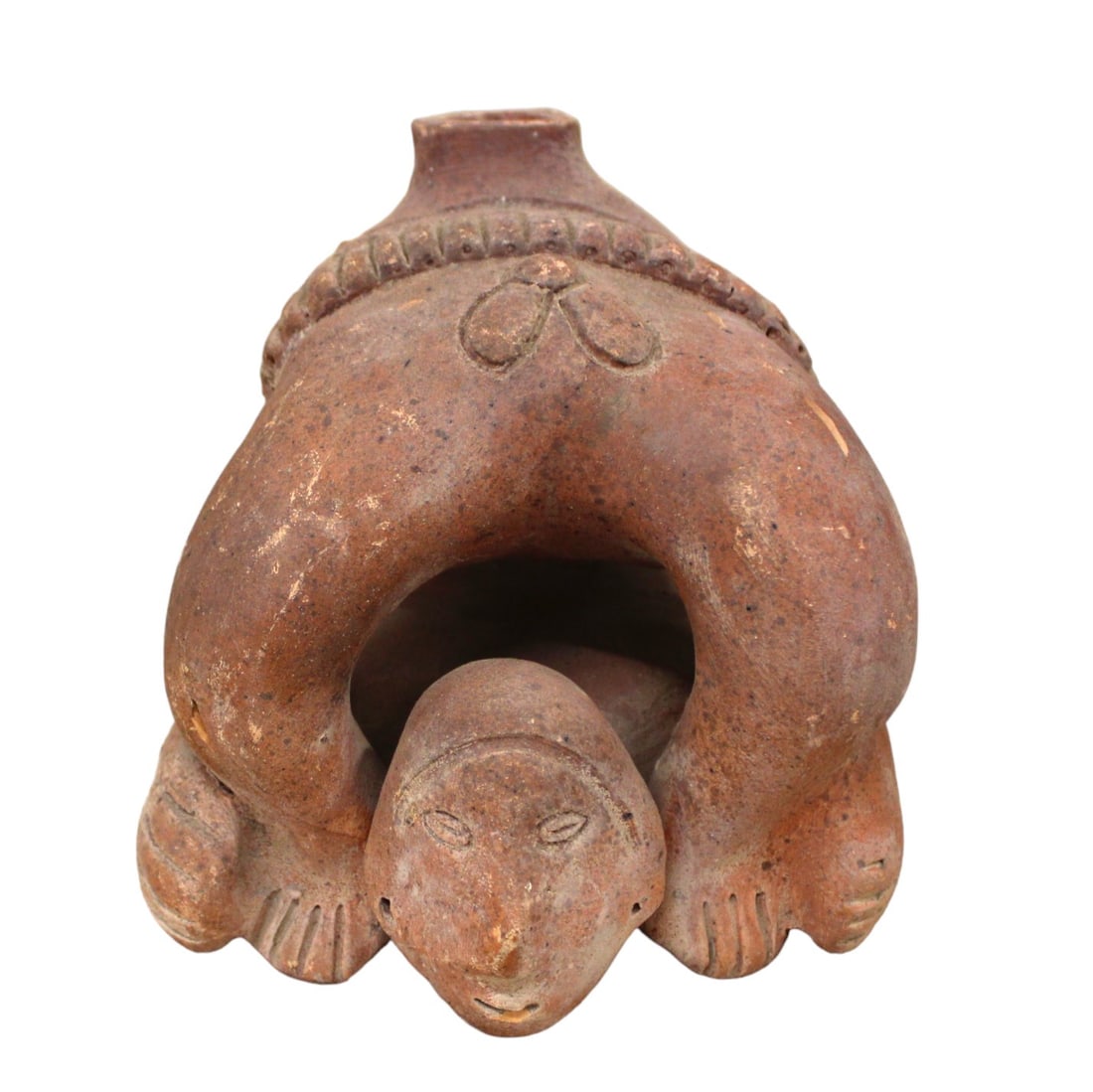 Vintage clay figure vessel: Vintage clay figure vessel, shows age, as is. 5"h x 6"l x 5"w