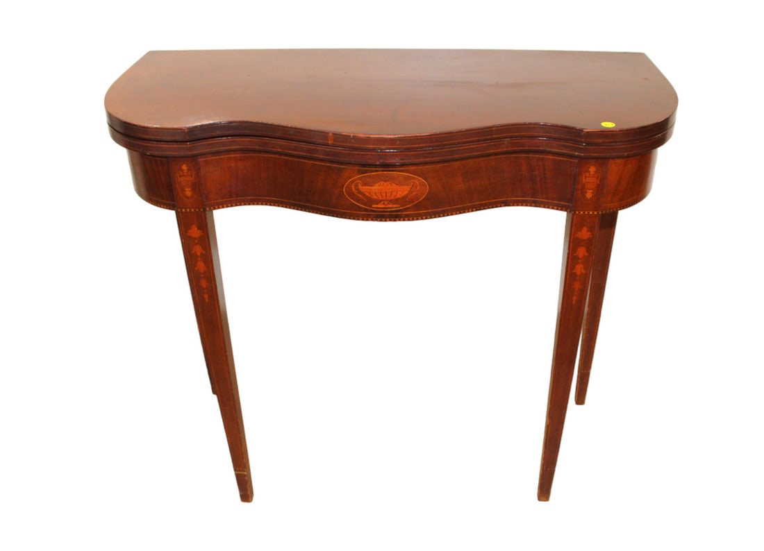 Antique serpentine & inlaid mahogany lift top game table (1 of 7)
