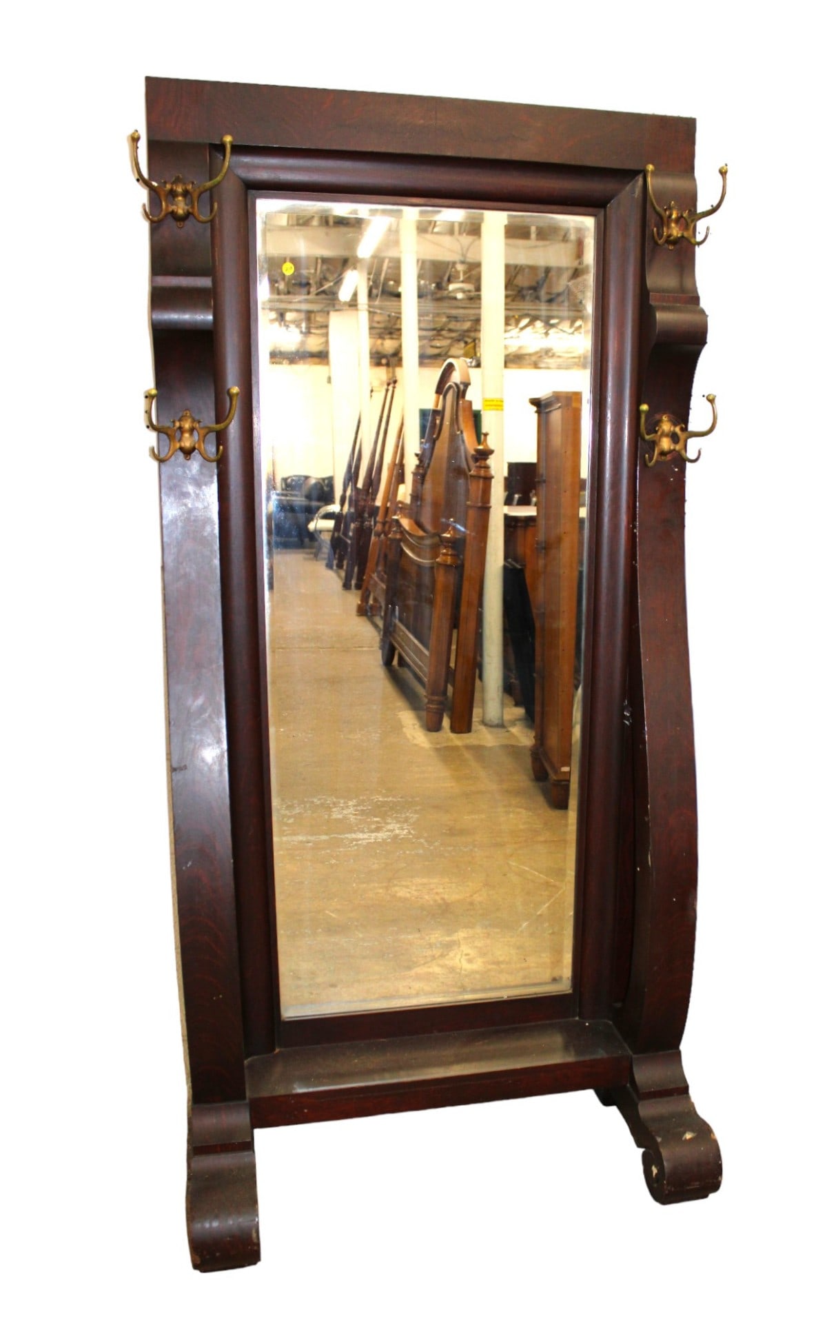 Antique oak floor length mirror hall rack with original hooks & beveled mirror & finish (1 of 6)