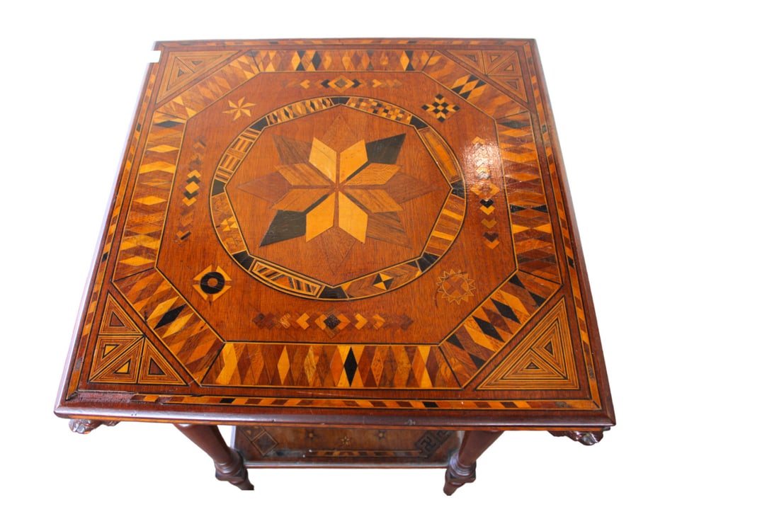 Antique inlaid exotic woods lion head side table dated 1908 (1 of 8)