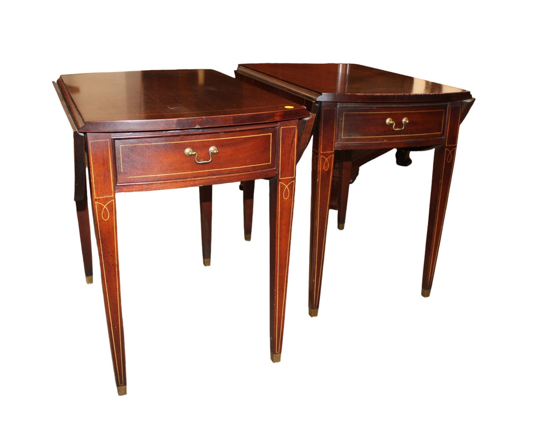 Pair vintage drop leaf Pembroke tables, stencil style inlay: Pair of vintage 1 drawer drop leaf Pembroke tables with stencil style inlaid, tapered legs, dovetail construction, structurally sound, original finish. Each 25"h x 20"w x 28"l, open to 38"w