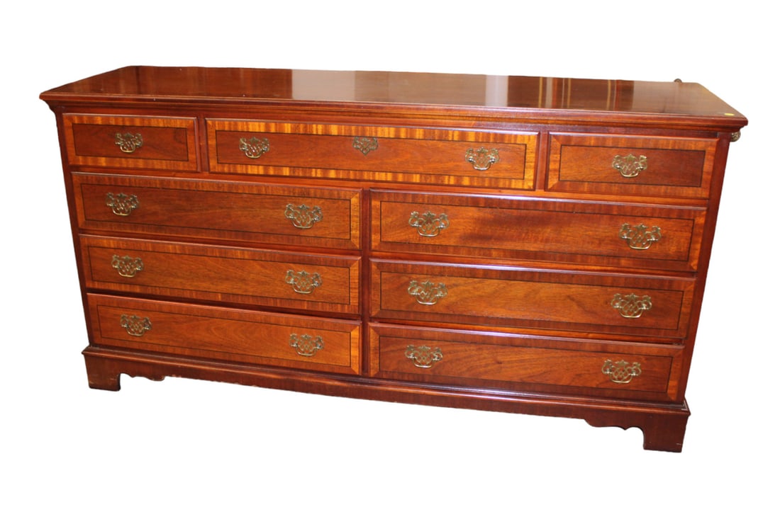 Mahogany & banded 9 drawer low dresser, Stone Leigh 60th Anniv. Coll.: Mahogany and banded 9 drawer low dresser Stone Leigh 60th Anniversary Collection, structurally sound, good condition. 34"h x 66"l x 19"d