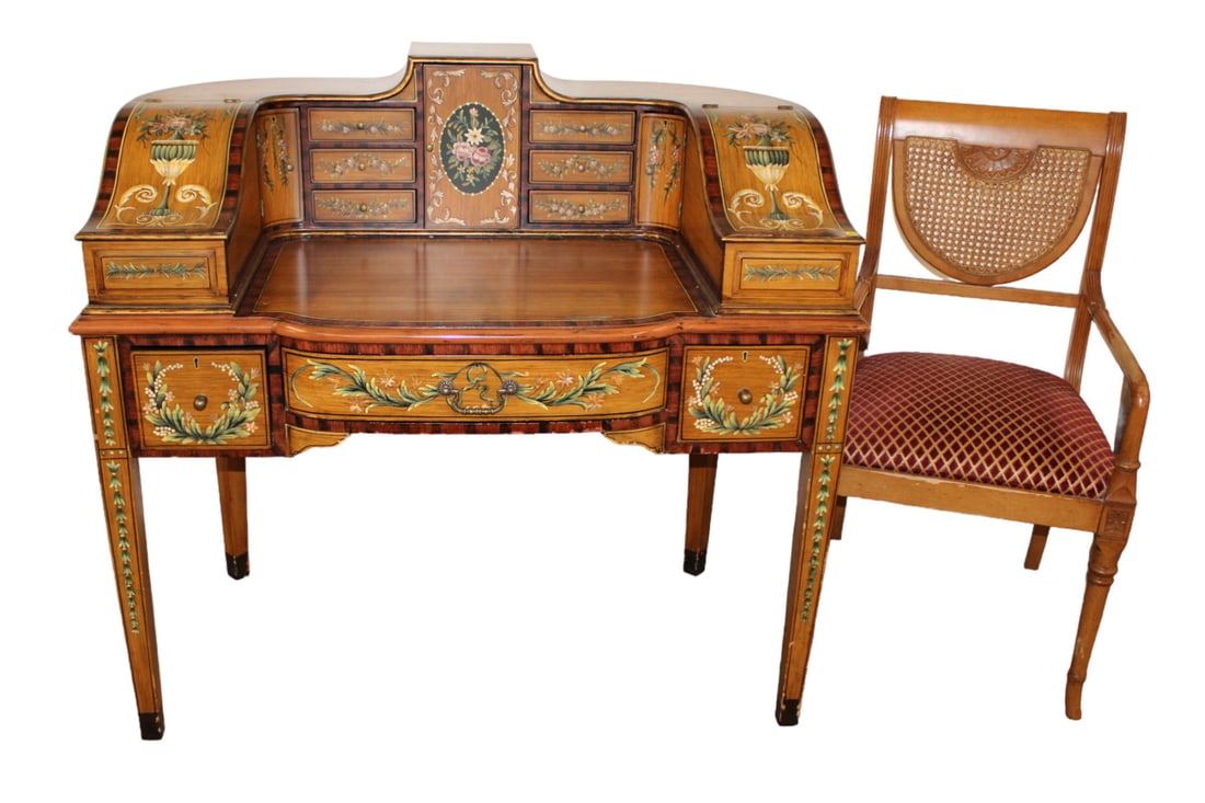 Beautiful decorated Carlton desk & chair, manner Maitland Smith: Beautiful 2 piece paint decorated Carlton desk and chair in the manner of Maitland Smith, structurally sound, good condition, has some wear, chair has wear on arms. Desk 41"h x 44"l x 28"d. Chair 37"h