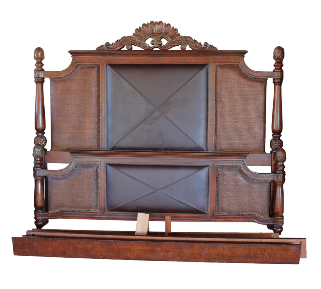 Tommy Bahama King size bed, wicker & leather,  pineapple finials (1 of 5)