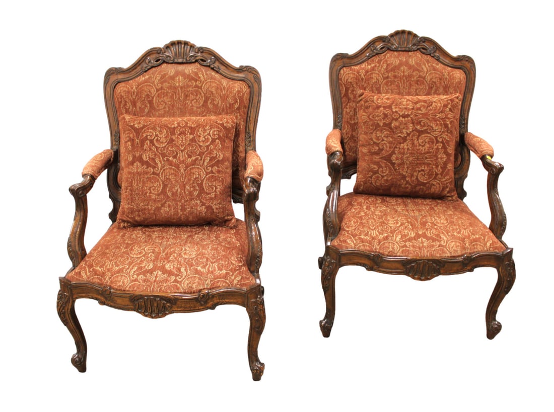 Nice pair carved French upholstered arm chairs, distressed antique walnut finish (1 of 6)