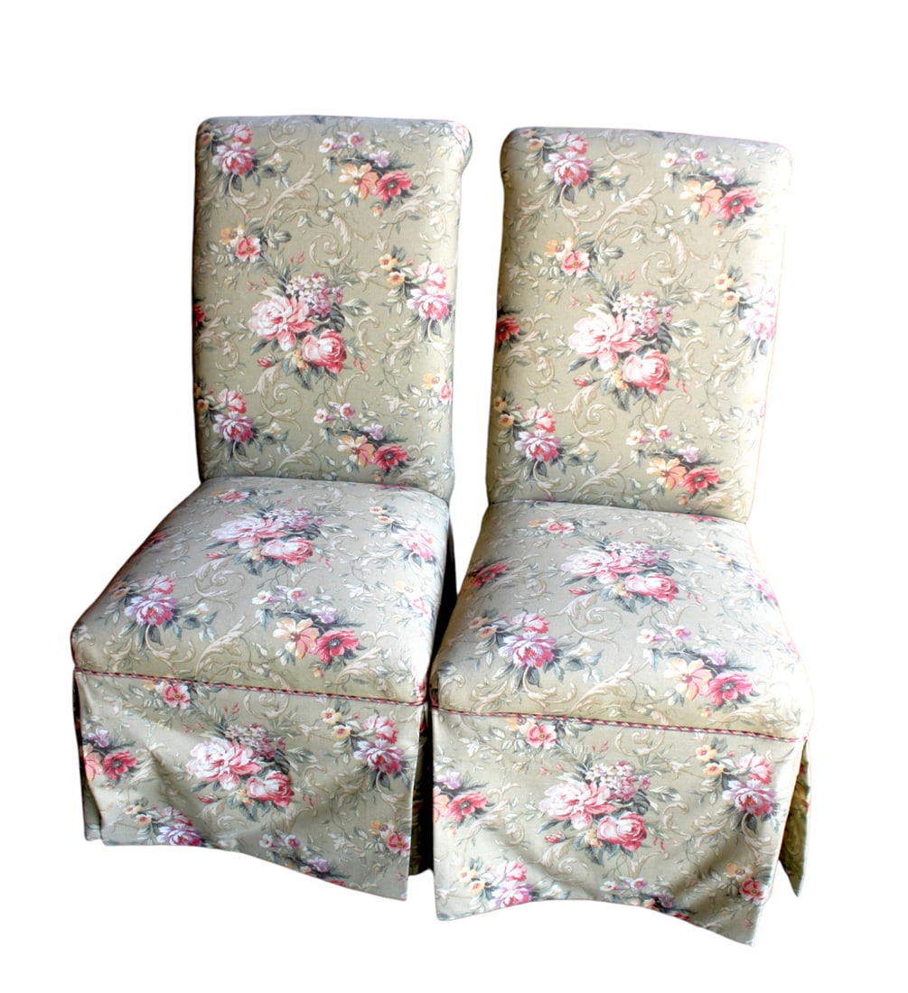 Lexington pair of upholstered Parson style chairs: Lexington pair of upholstered Parson style chairs, structurally sound, upholstery has fading on back sides of chairs. Each 41"h x 21"w x 22"d with seat height of 19"